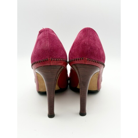 Manolo Blahnik Pink & Red Pointed Toe Heels Suede w/ Tie Accent Vintage Sz EU 37 - Picture 9 of 13